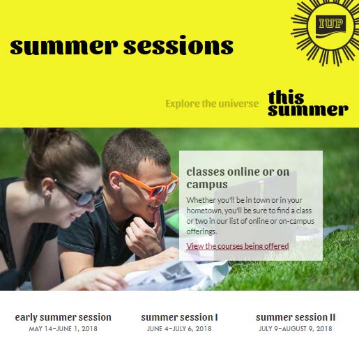 Homepage of the redesigned, rewritten, and reorganized Summer sessions website. See www.iup.edu/summer