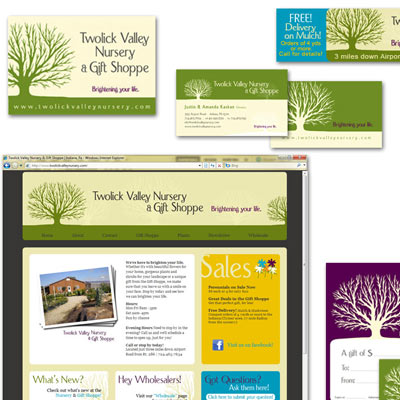 Comprehensive marketing and design services for Twolick Valley Nursery and Gift Shoppe in Indiana, PA, that included website, visual identity, print, promotional, advertising and e-mail newsletter development. Brand emphasized that the owners are local and offer outstanding customer service. (This site is now maintained by another provider.)